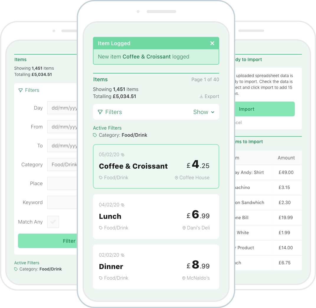 An example screen from expenditure.io showing a list of logged expenses and their details.